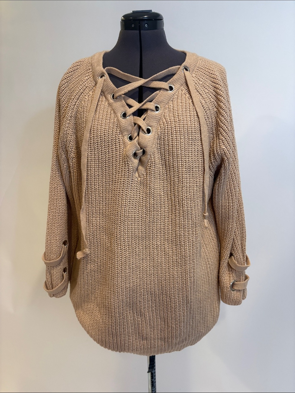 Chicwish Lace-Up V-Neck Sweater in Camel
